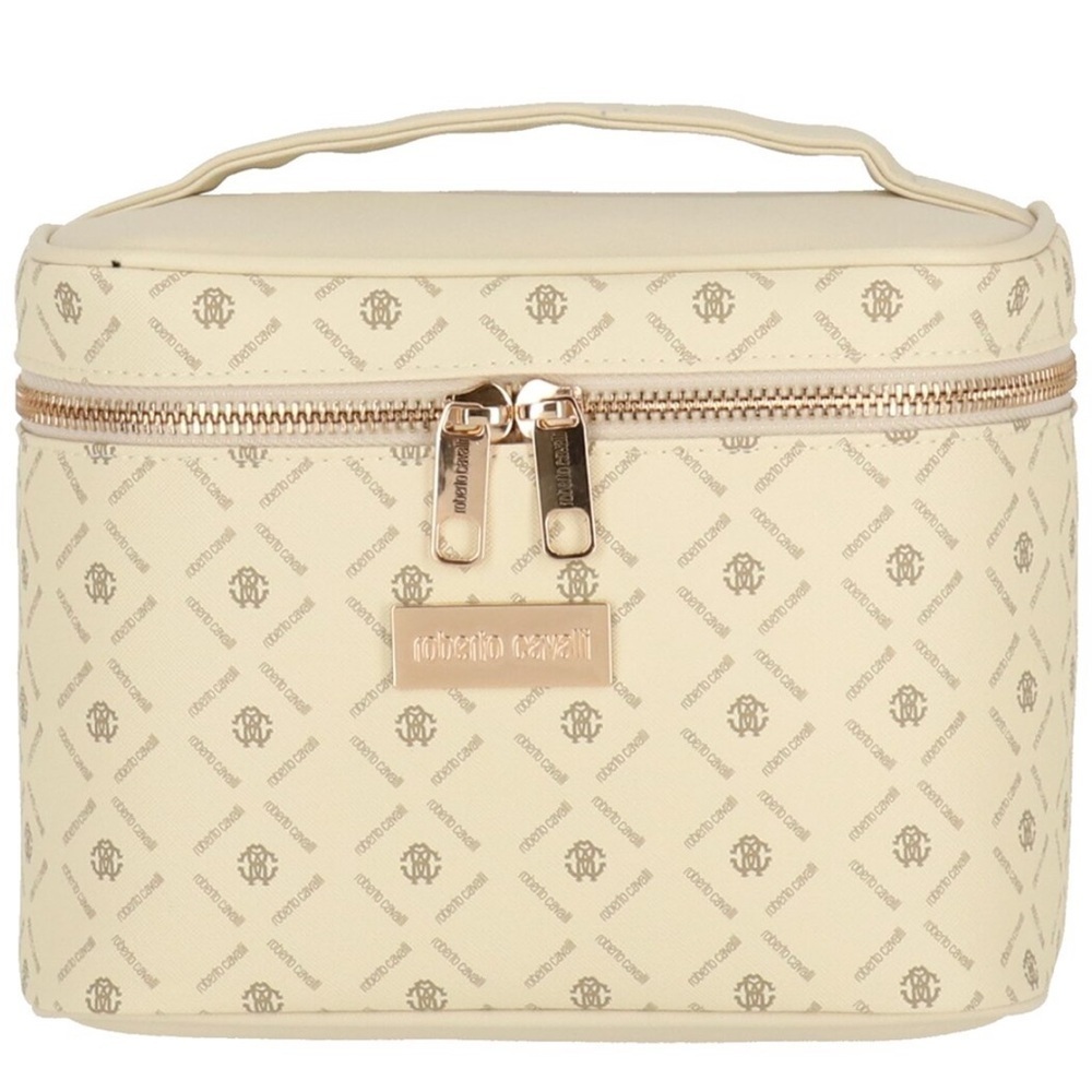 NEW Roberto Cavalli Monogram Cream Cosmetic Toiletry Bag Train Case